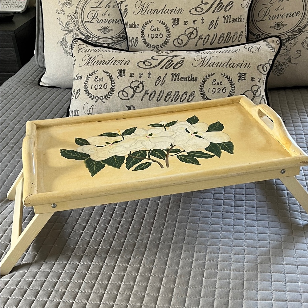 Hand-Painted Yellow Wooden Breakfast Tray with Floral Design